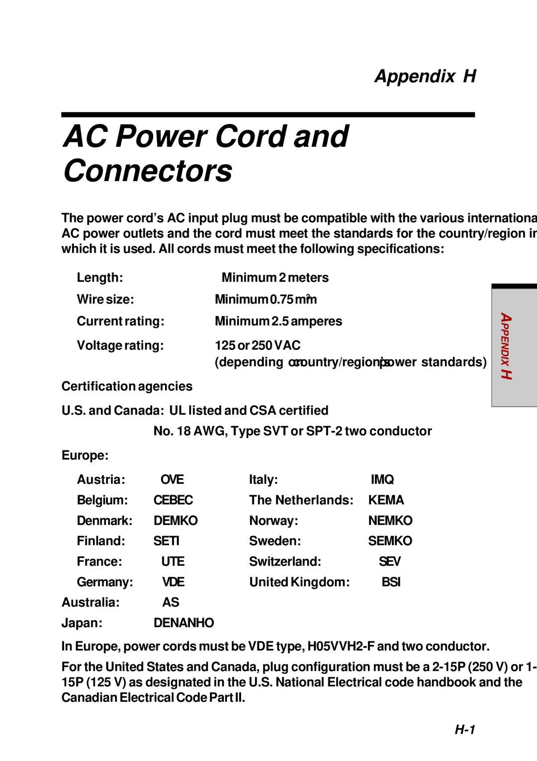 Toshiba Satellite 2450 user manual AC Power Cord Connectors, Appendix H 