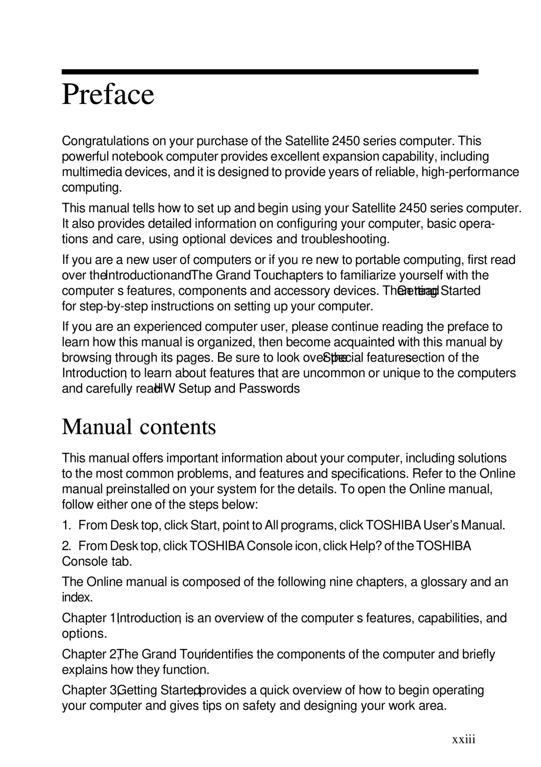 Toshiba Satellite 2450 user manual Preface, Manual contents 