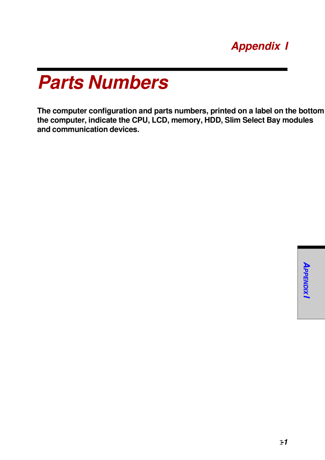 Toshiba Satellite 2450 user manual Parts Numbers, Appendix 