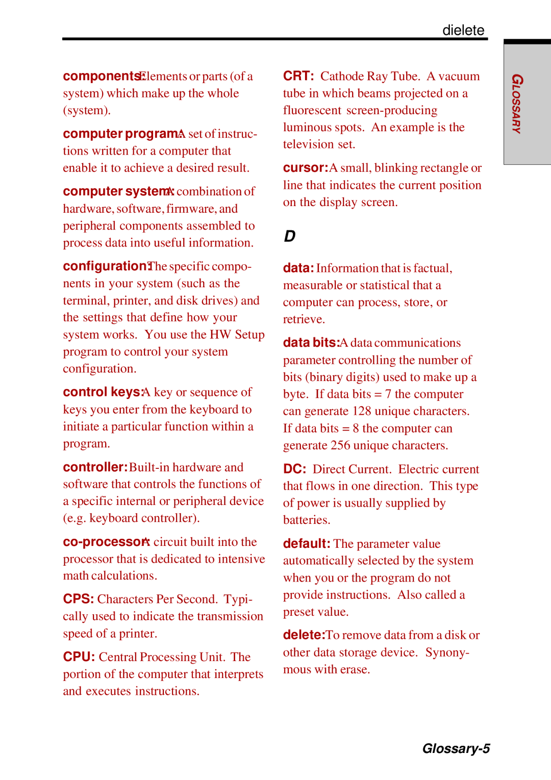 Toshiba Satellite 2450 user manual Dielete, Glossary-5 