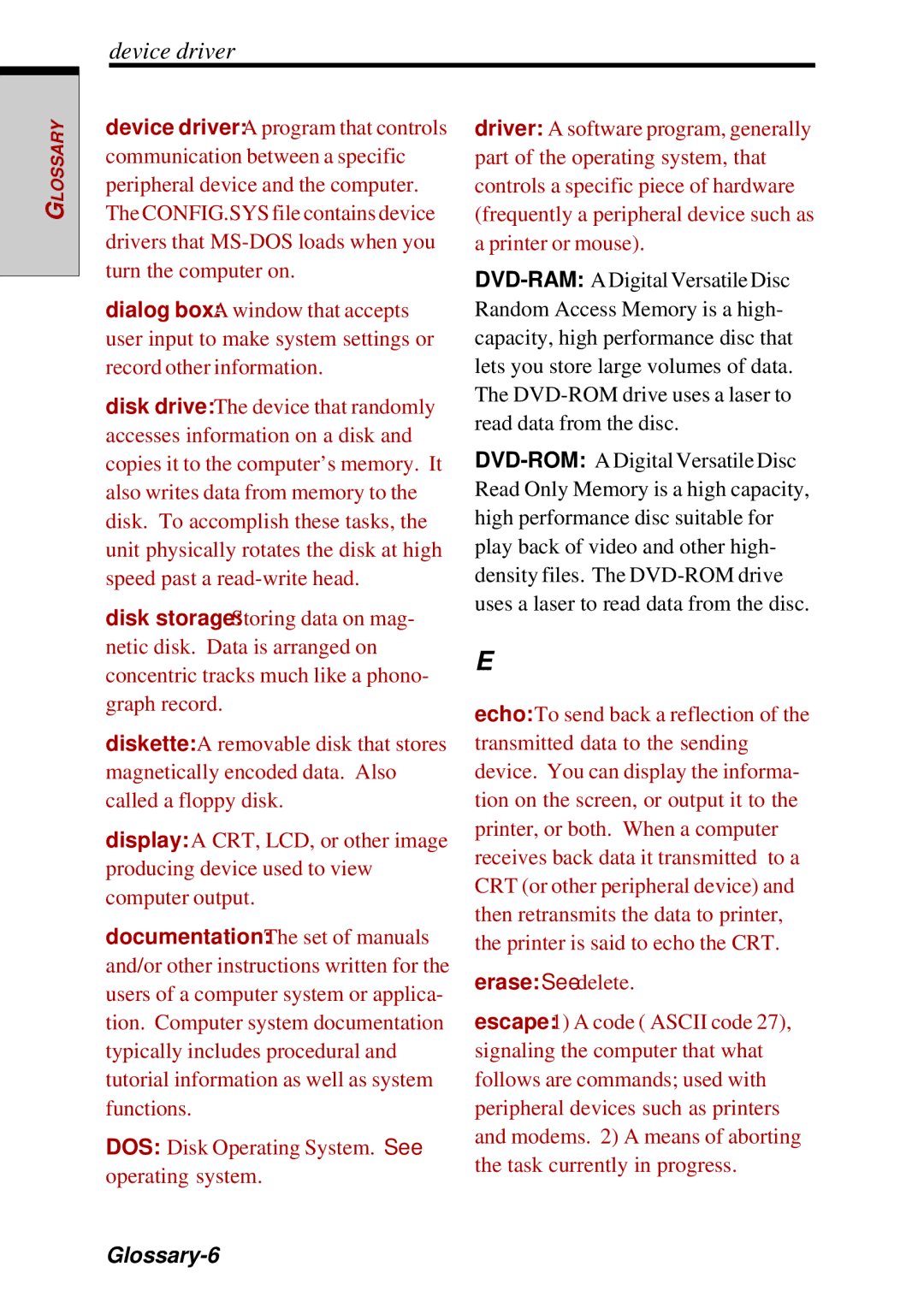 Toshiba Satellite 2450 user manual Device driver, Glossary-6 