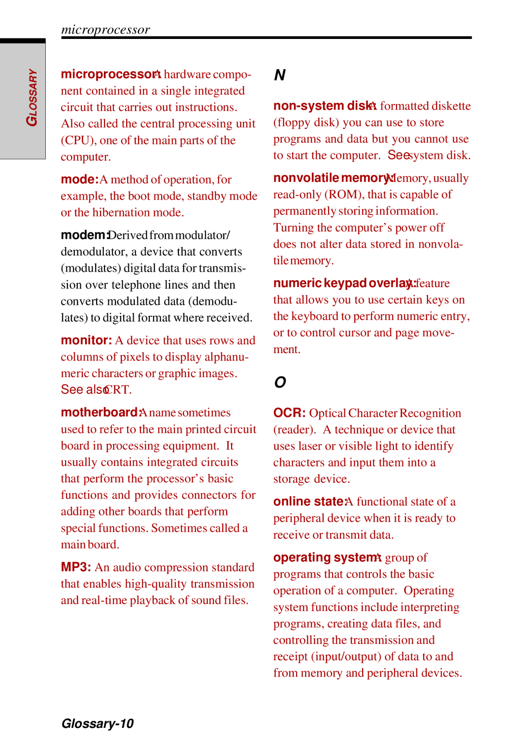 Toshiba Satellite 2450 user manual Microprocessor, Glossary-10 