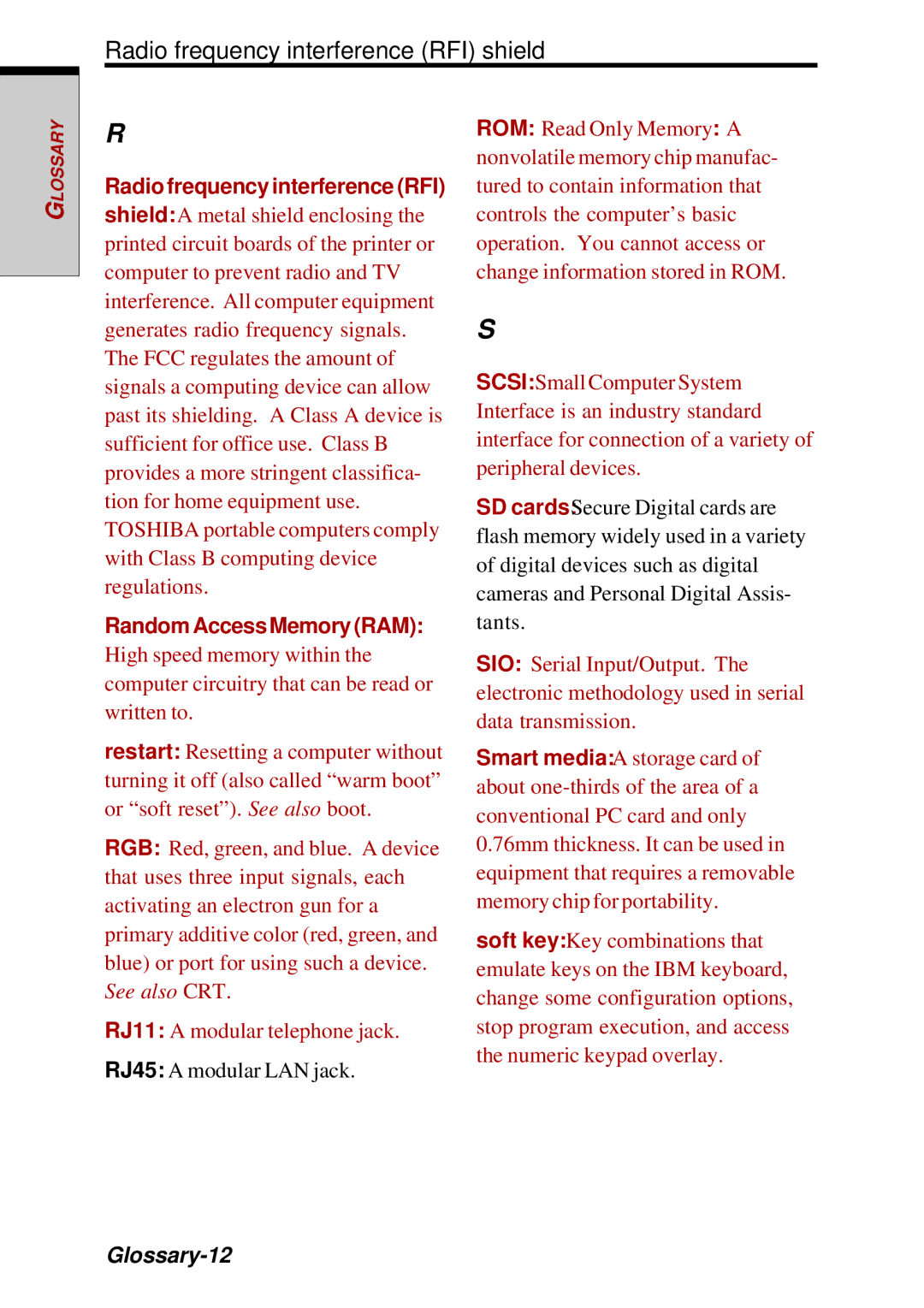 Toshiba Satellite 2450 user manual Radio frequency interference RFI shield, Glossary-12 