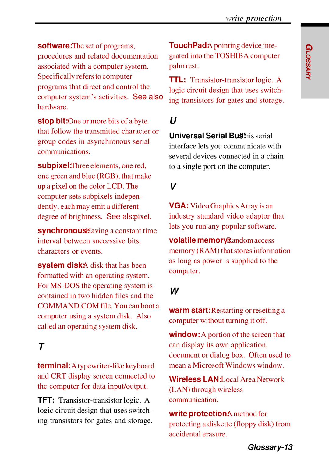 Toshiba Satellite 2450 user manual Write protection, Glossary-13 