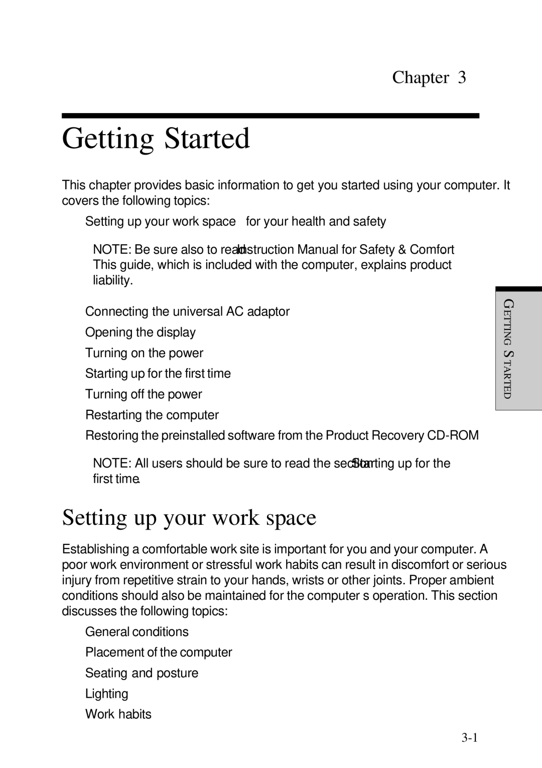 Toshiba Satellite 2450 user manual Getting Started, Setting up your work space 