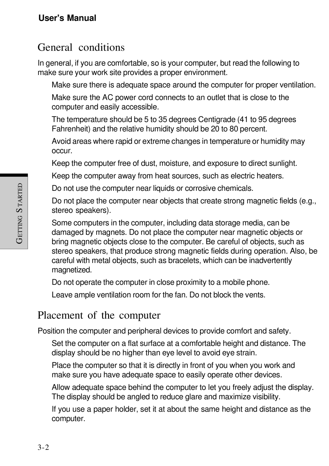 Toshiba Satellite 2450 user manual General conditions, Placement of the computer 