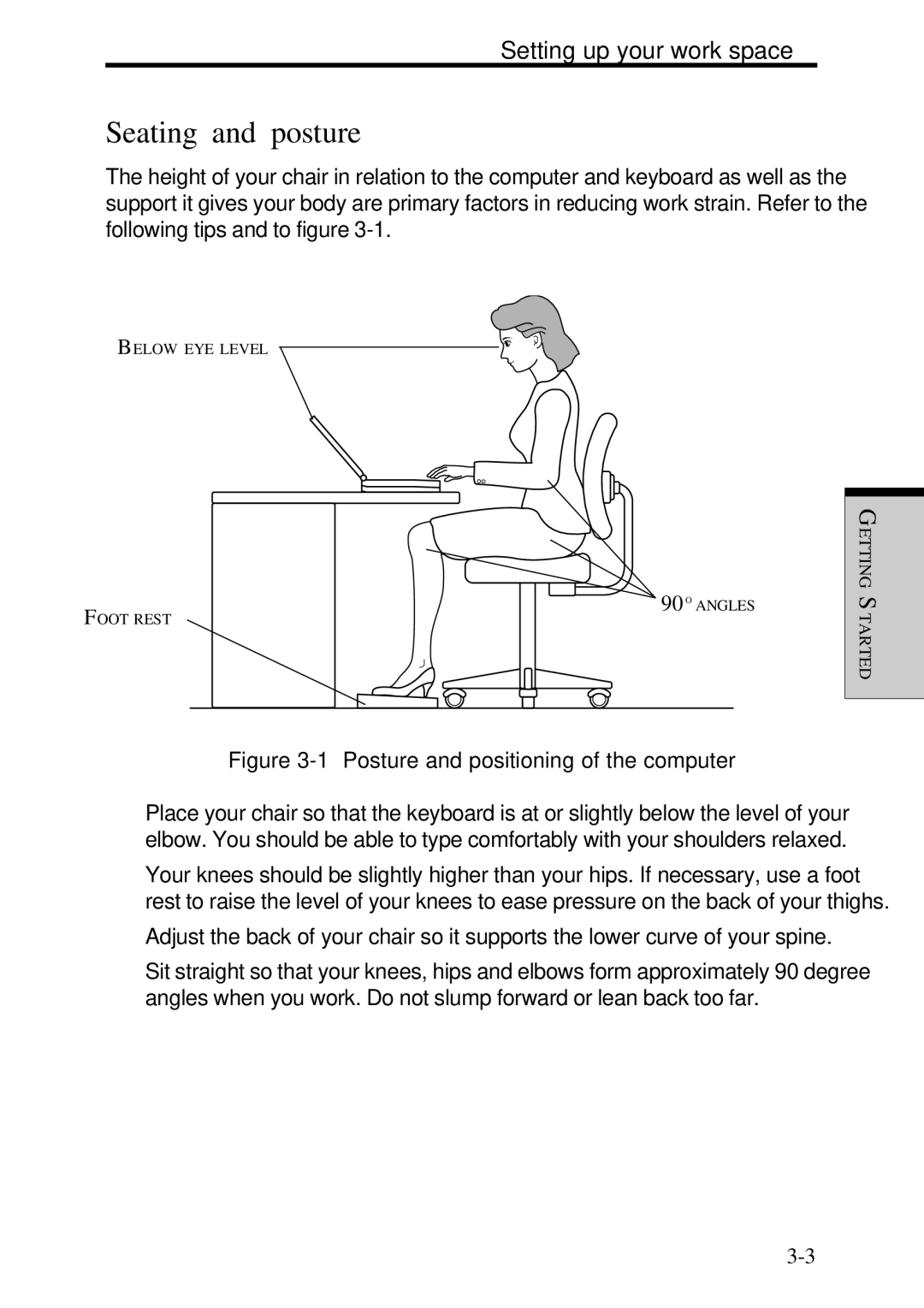 Toshiba Satellite 2450 user manual Seating and posture, Setting up your work space 