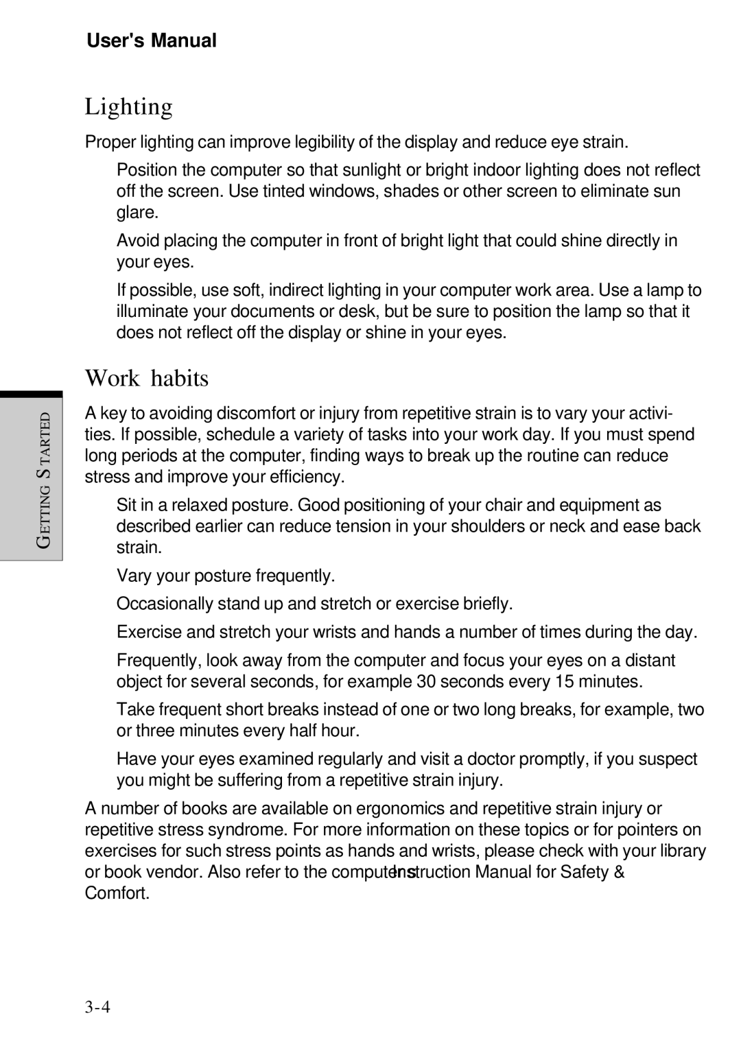 Toshiba Satellite 2450 user manual Lighting, Work habits 