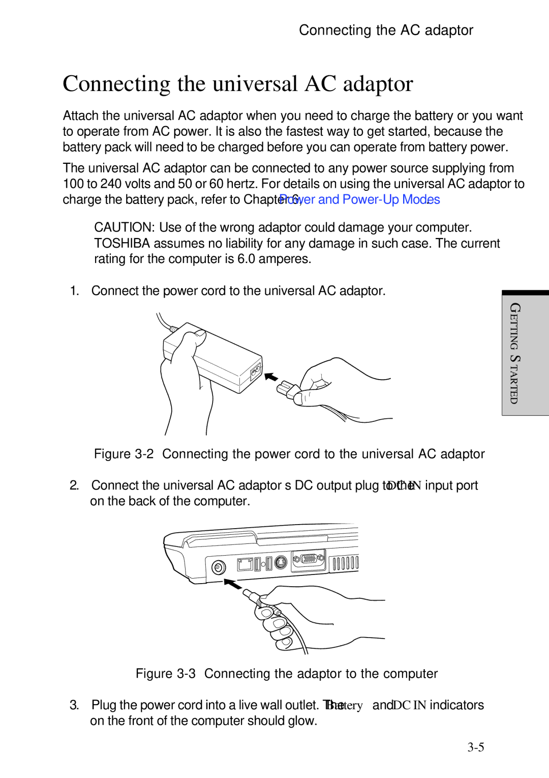 Toshiba Satellite 2450 user manual Connecting the universal AC adaptor, Connecting the AC adaptor 