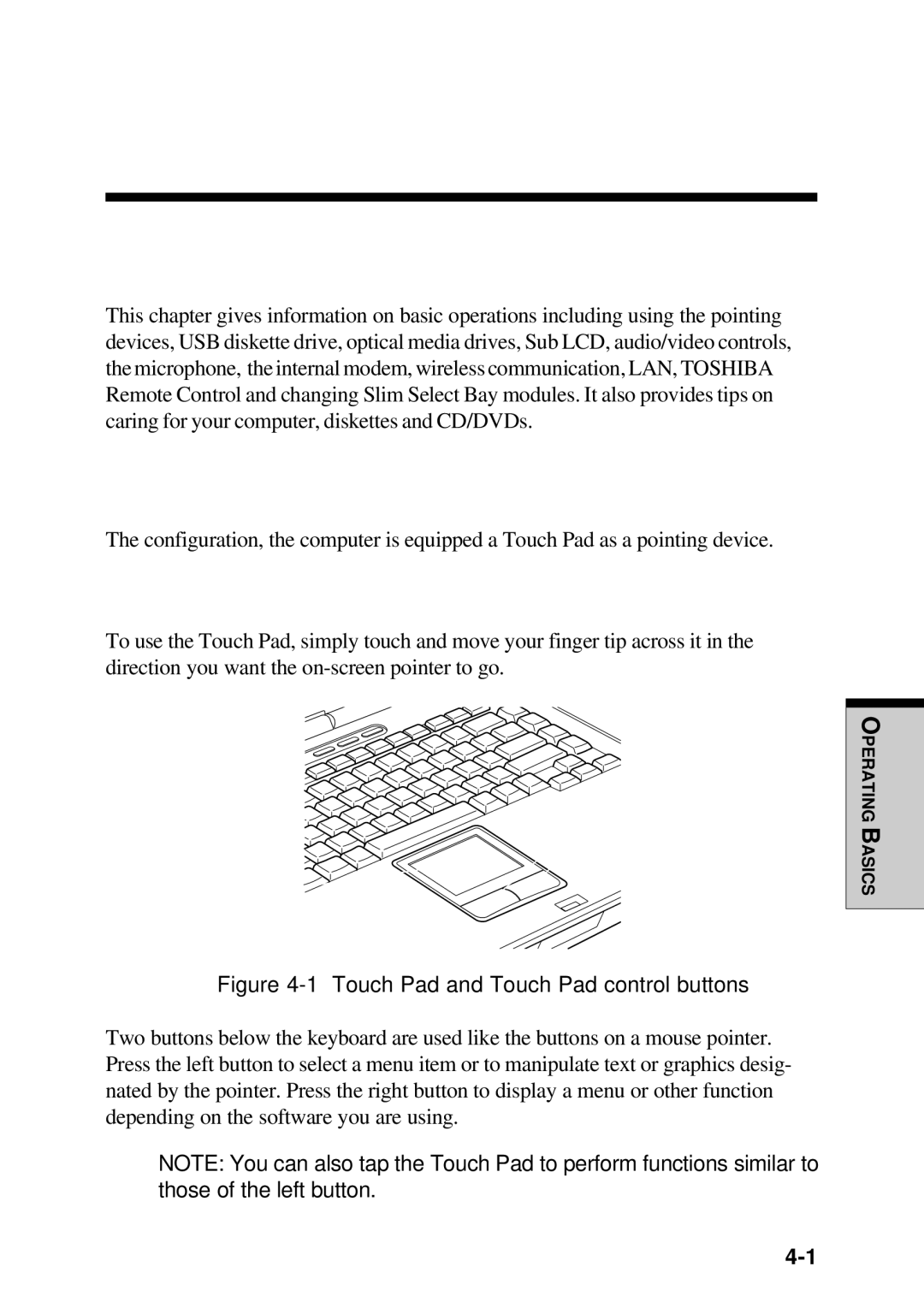 Toshiba Satellite 2450 user manual Operating Basics, Pointing devices, Using the Touch Pad 