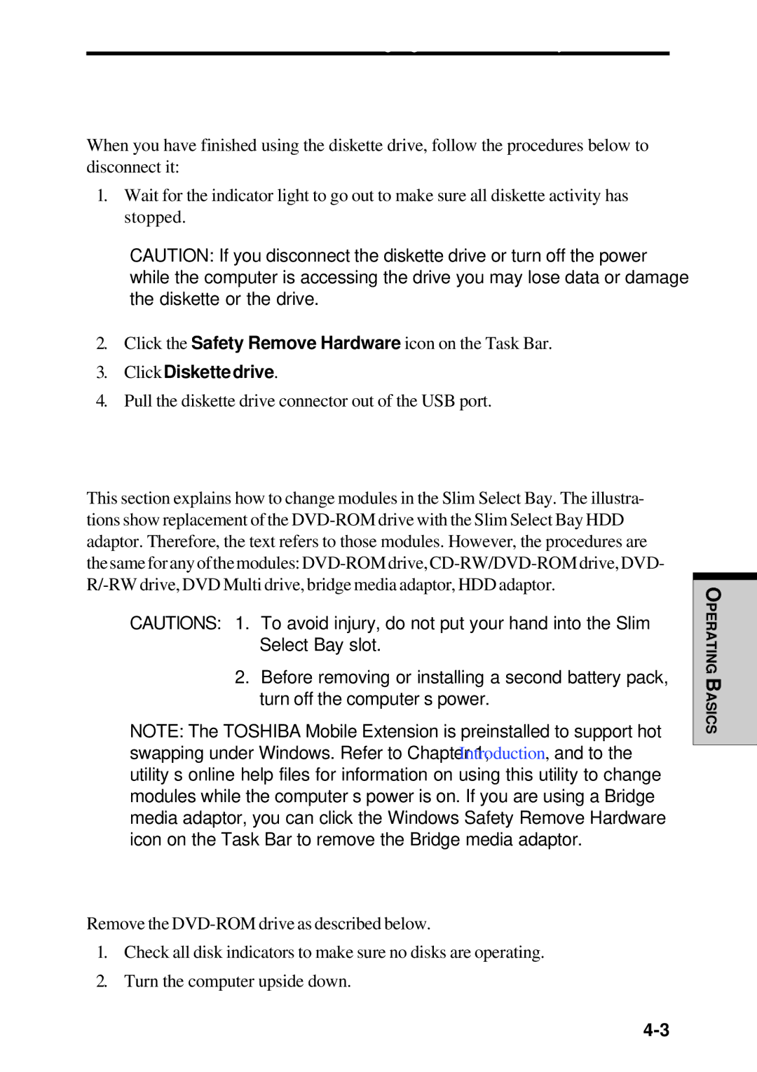Toshiba Satellite 2450 user manual Changing Slim Select Bay modules, Disconnecting 3 1/2 diskette drive, Removing a module 