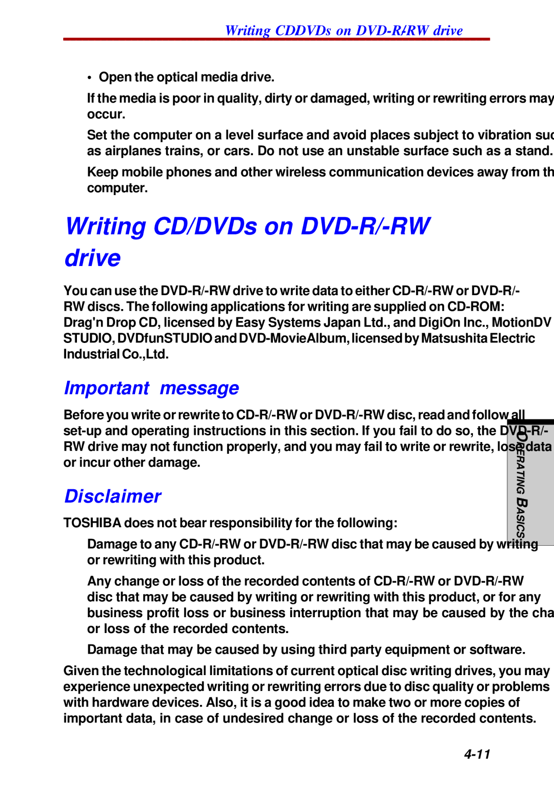 Toshiba Satellite 2450 user manual Writing CD/DVDs on DVD-R/-RW drive, Important message, Disclaimer 