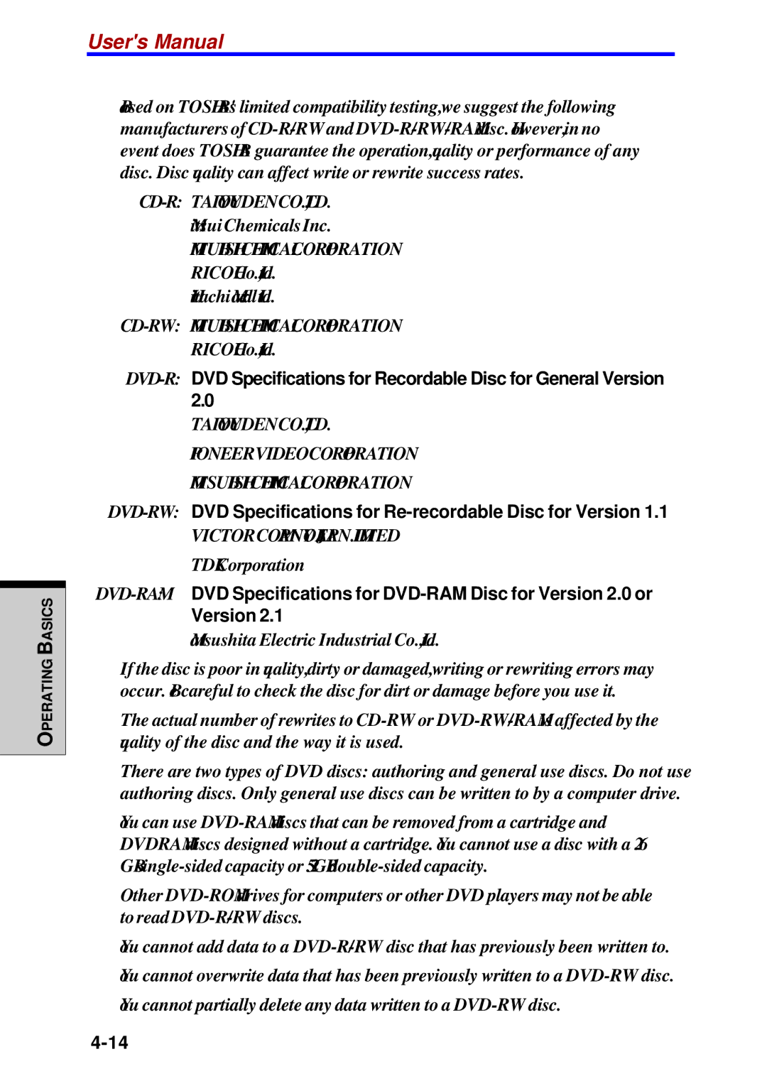 Toshiba Satellite 2450 user manual DVD-RWDVD Specifications for Re-recordable Disc for Version 