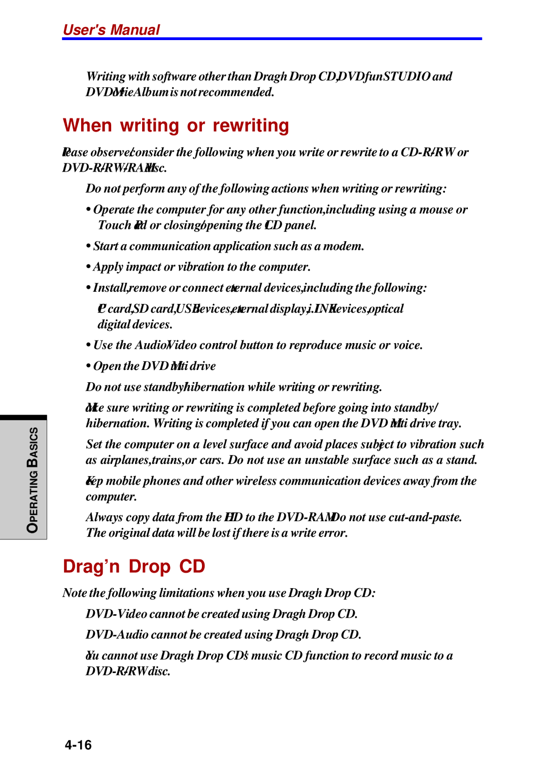 Toshiba Satellite 2450 user manual When writing or rewriting, Drag’n Drop CD 