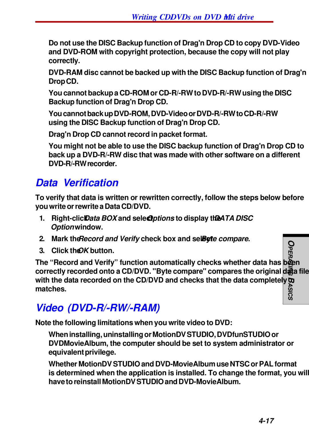 Toshiba Satellite 2450 user manual Data Verification, Video DVD-R/-RW/-RAM 