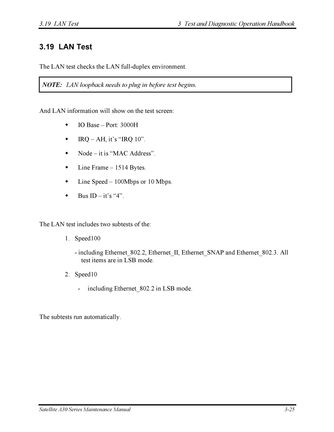 Toshiba Satellite A30 Series manual LAN Test Test and Diagnostic Operation Handbook 