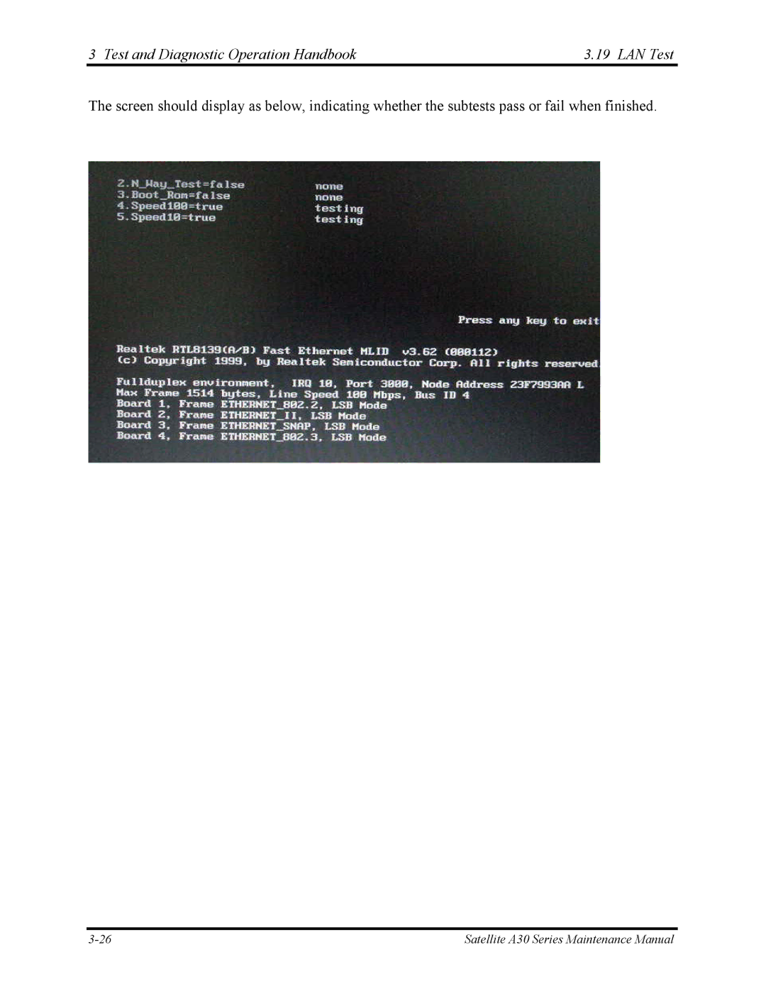 Toshiba Satellite A30 Series manual Test and Diagnostic Operation Handbook LAN Test 