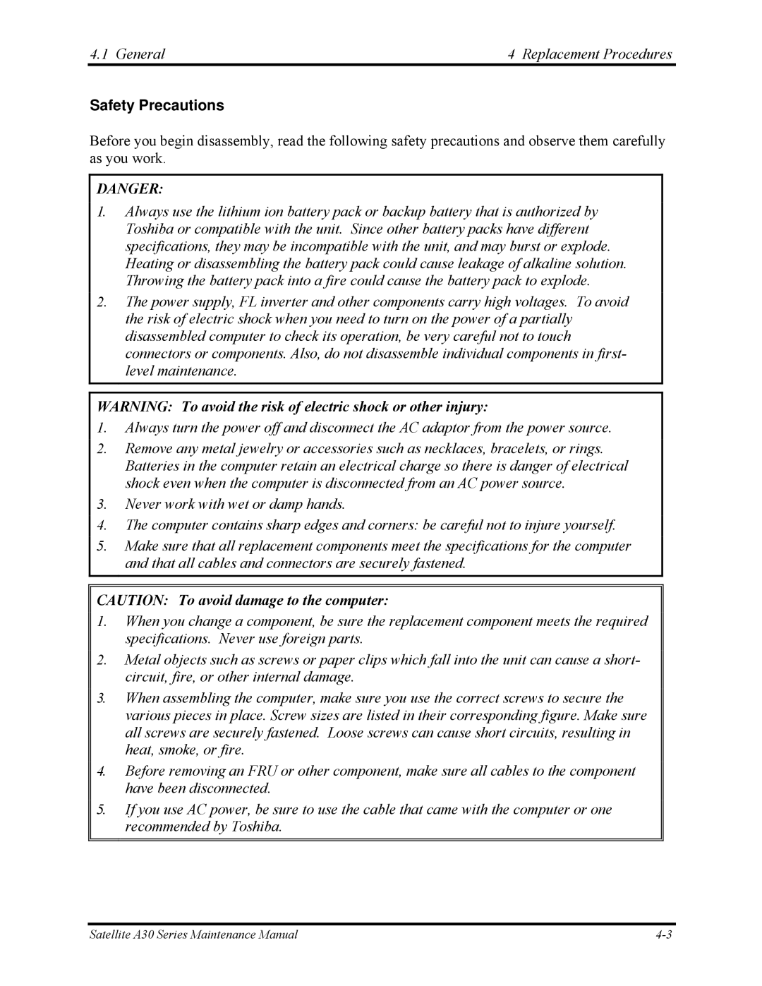 Toshiba Satellite A30 Series manual Safety Precautions 