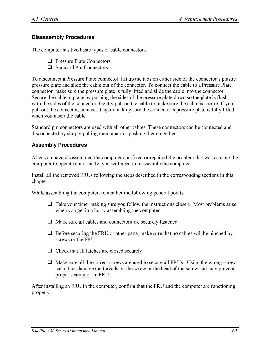 Toshiba Satellite A30 Series manual Disassembly Procedures, Assembly Procedures 