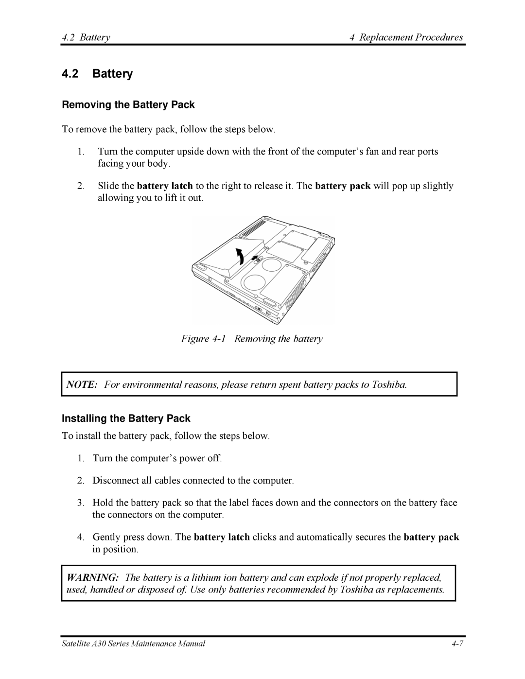 Toshiba Satellite A30 Series Battery Replacement Procedures, Removing the Battery Pack, Installing the Battery Pack 