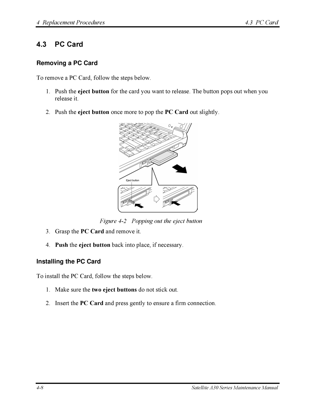 Toshiba Satellite A30 Series manual Replacement Procedures PC Card, Removing a PC Card, Installing the PC Card 