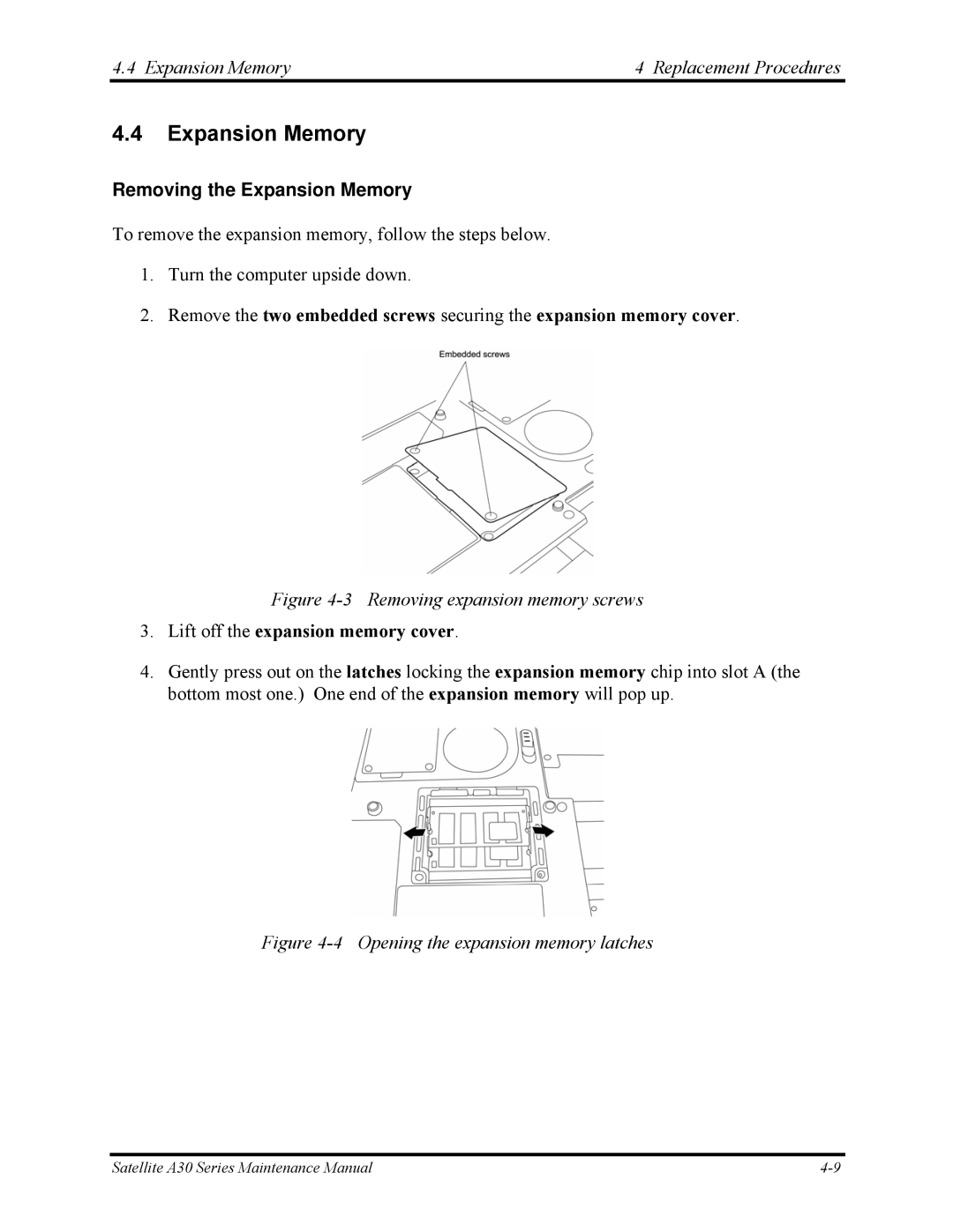 Toshiba Satellite A30 Series manual Expansion Memory Replacement Procedures, Removing the Expansion Memory 