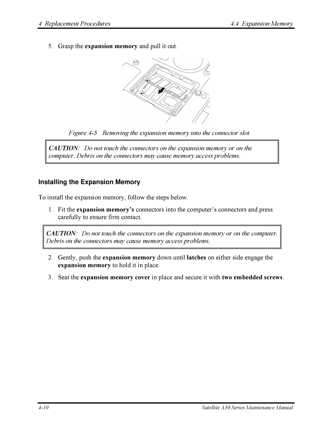 Toshiba Satellite A30 Series manual Replacement Procedures Expansion Memory, Installing the Expansion Memory 