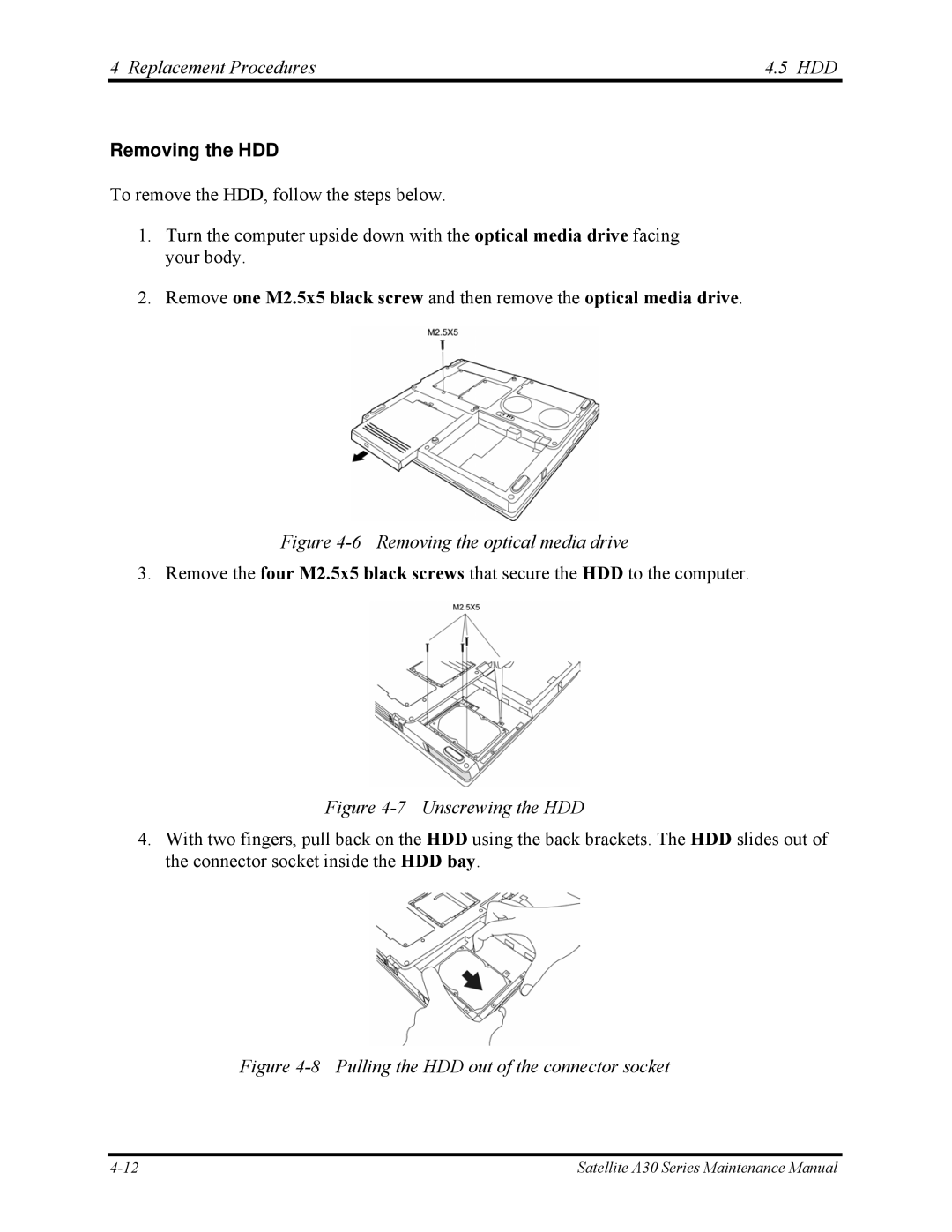 Toshiba Satellite A30 Series manual Replacement Procedures HDD, Removing the HDD 