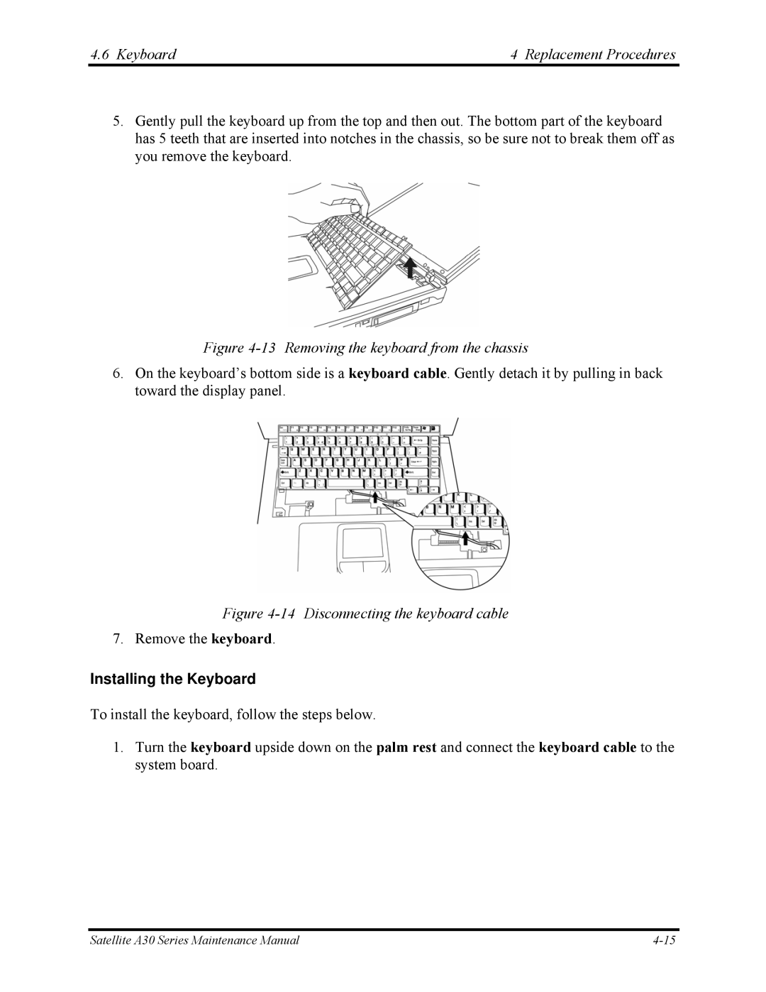 Toshiba Satellite A30 Series manual Keyboard Replacement Procedures, Installing the Keyboard 