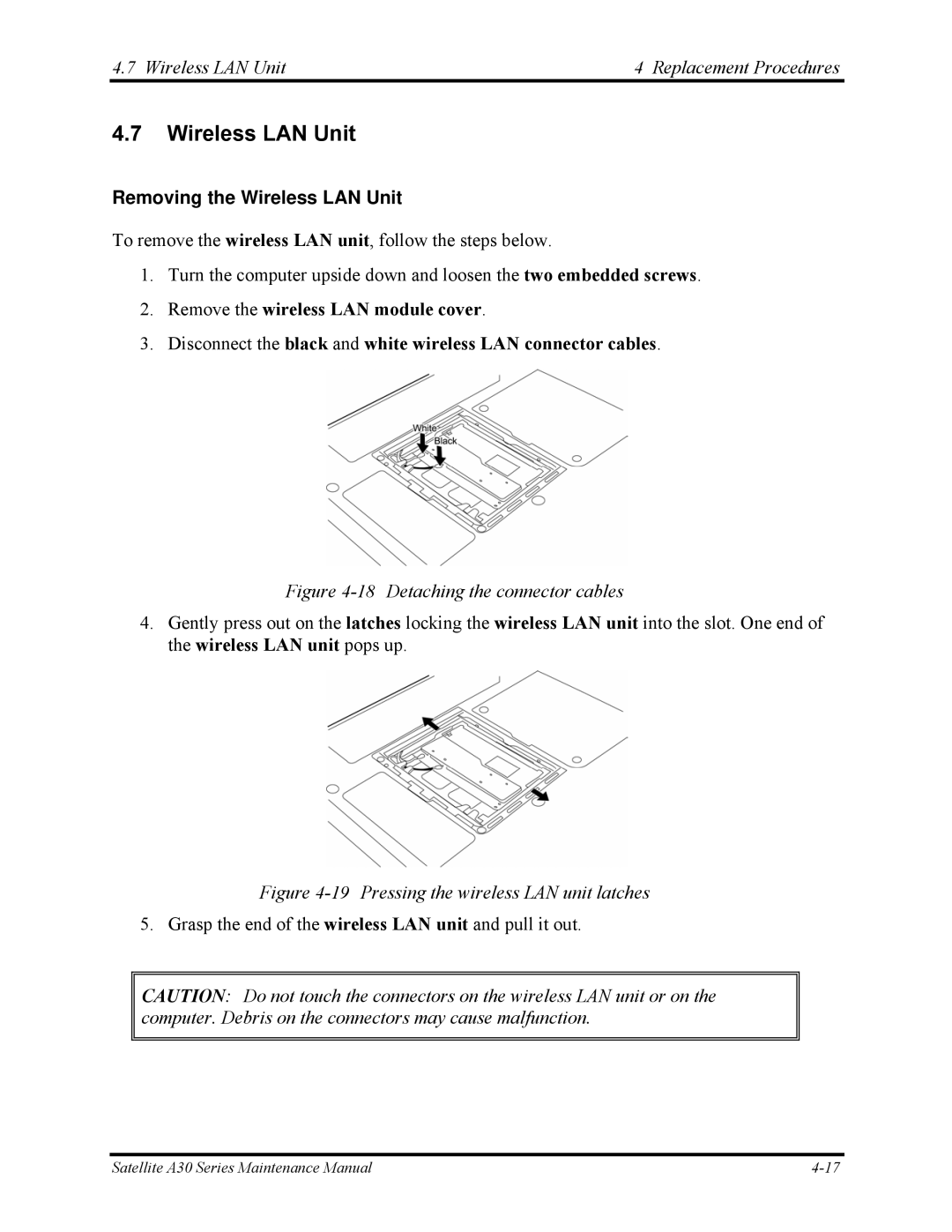 Toshiba Satellite A30 Series manual Wireless LAN Unit Replacement Procedures, Removing the Wireless LAN Unit 