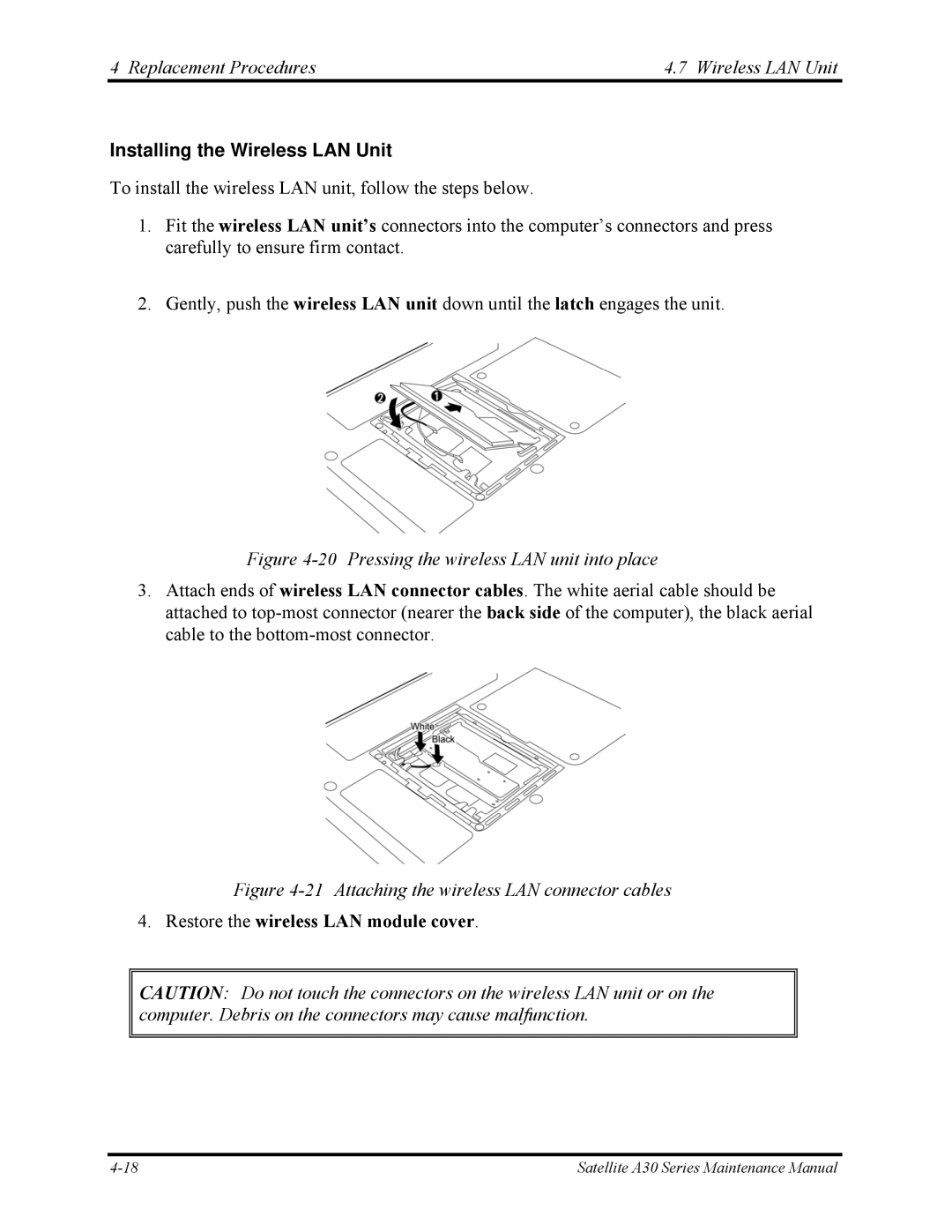 Toshiba Satellite A30 Series manual Replacement Procedures Wireless LAN Unit, Installing the Wireless LAN Unit 