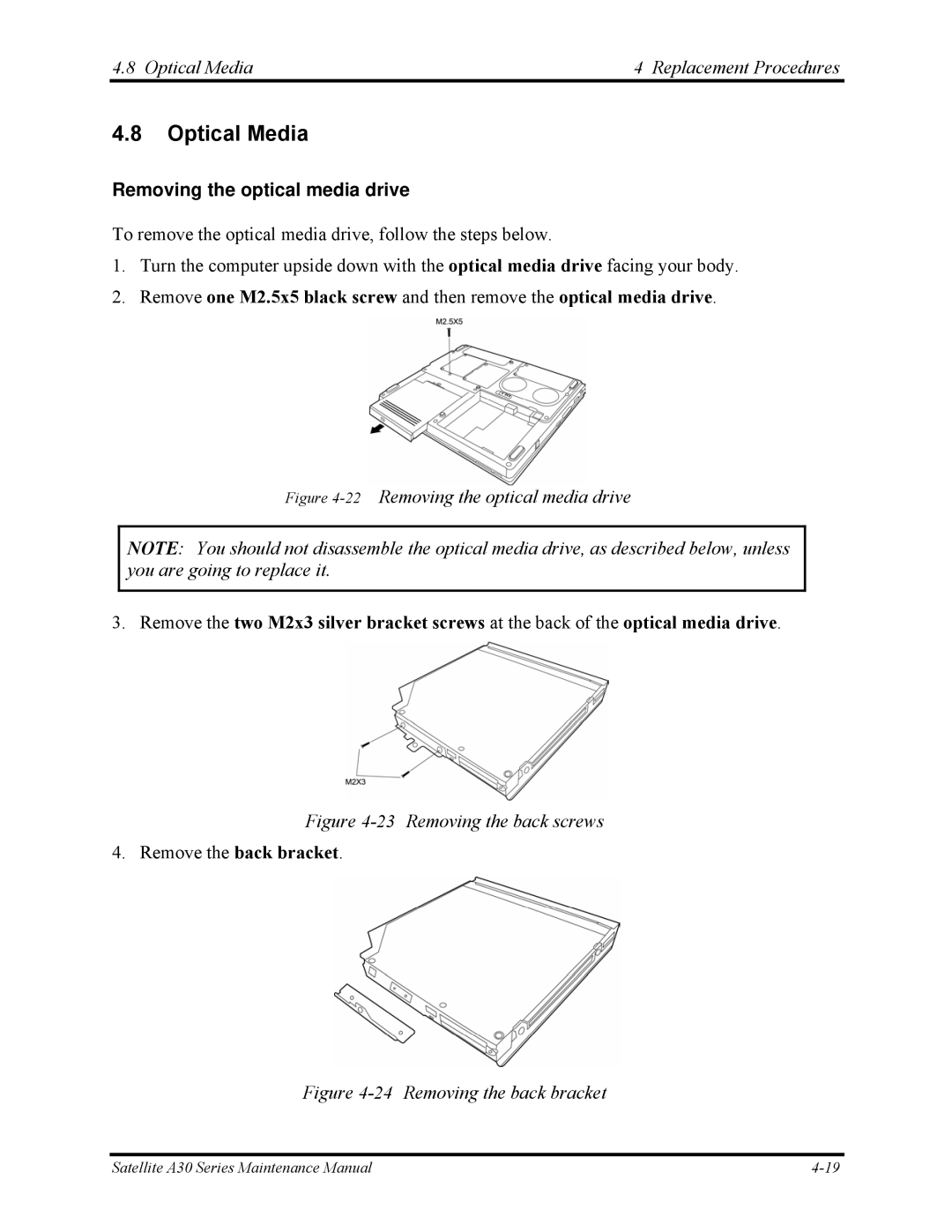 Toshiba Satellite A30 Series manual Optical Media Replacement Procedures, Removing the optical media drive 