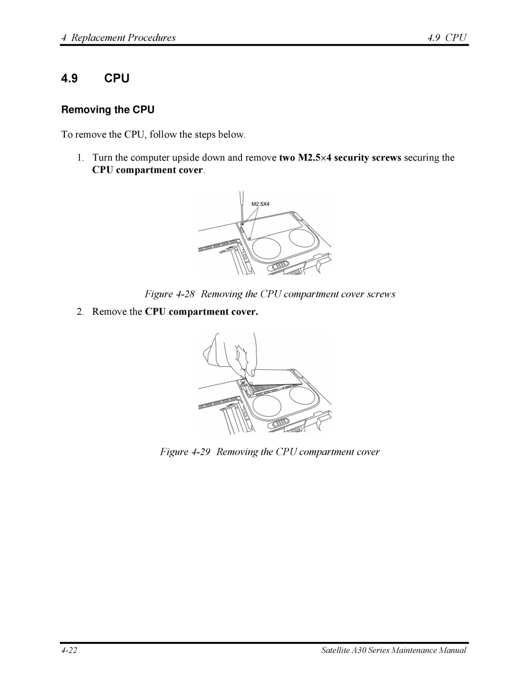 Toshiba Satellite A30 Series manual Cpu, Replacement Procedures CPU, Removing the CPU 