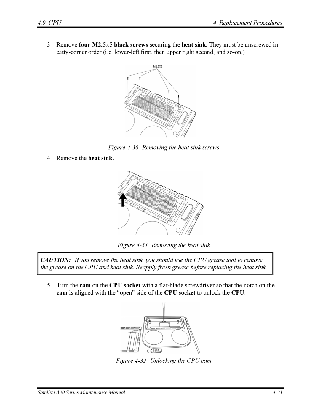 Toshiba Satellite A30 Series manual CPU Replacement Procedures, Removing the heat sink screws 