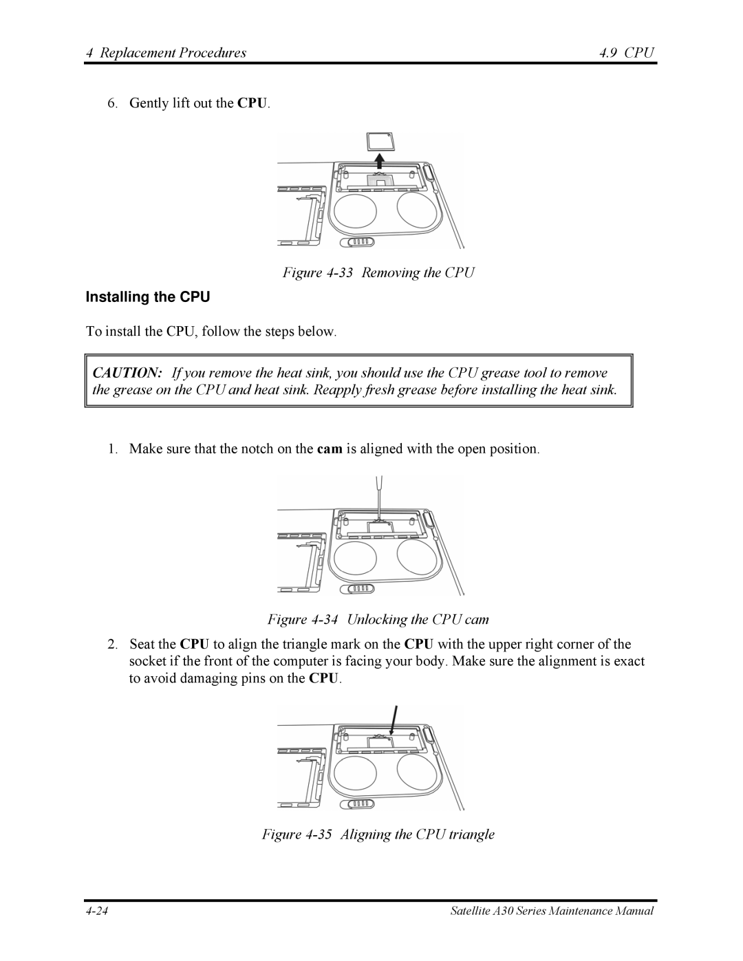 Toshiba Satellite A30 Series manual Removing the CPU, Installing the CPU 