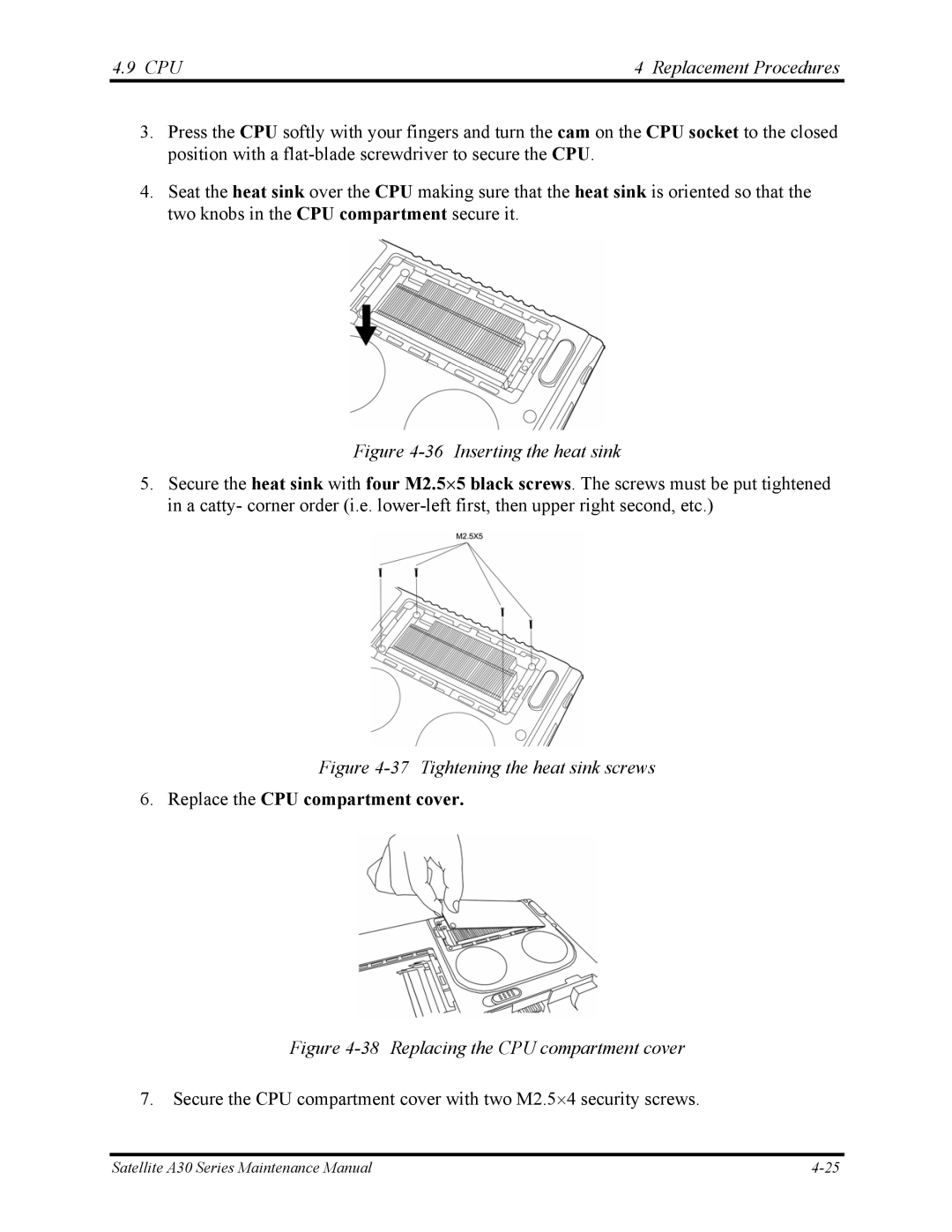 Toshiba Satellite A30 Series manual Replace the CPU compartment cover 