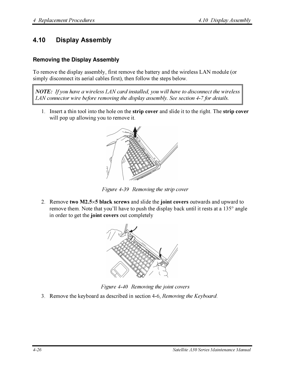 Toshiba Satellite A30 Series manual Replacement Procedures Display Assembly, Removing the Display Assembly 