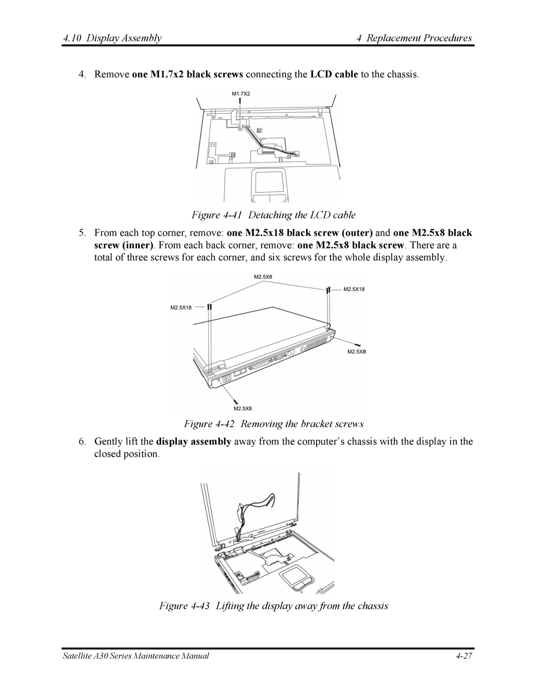 Toshiba Satellite A30 Series manual Detaching the LCD cable, Removing the bracket screws 