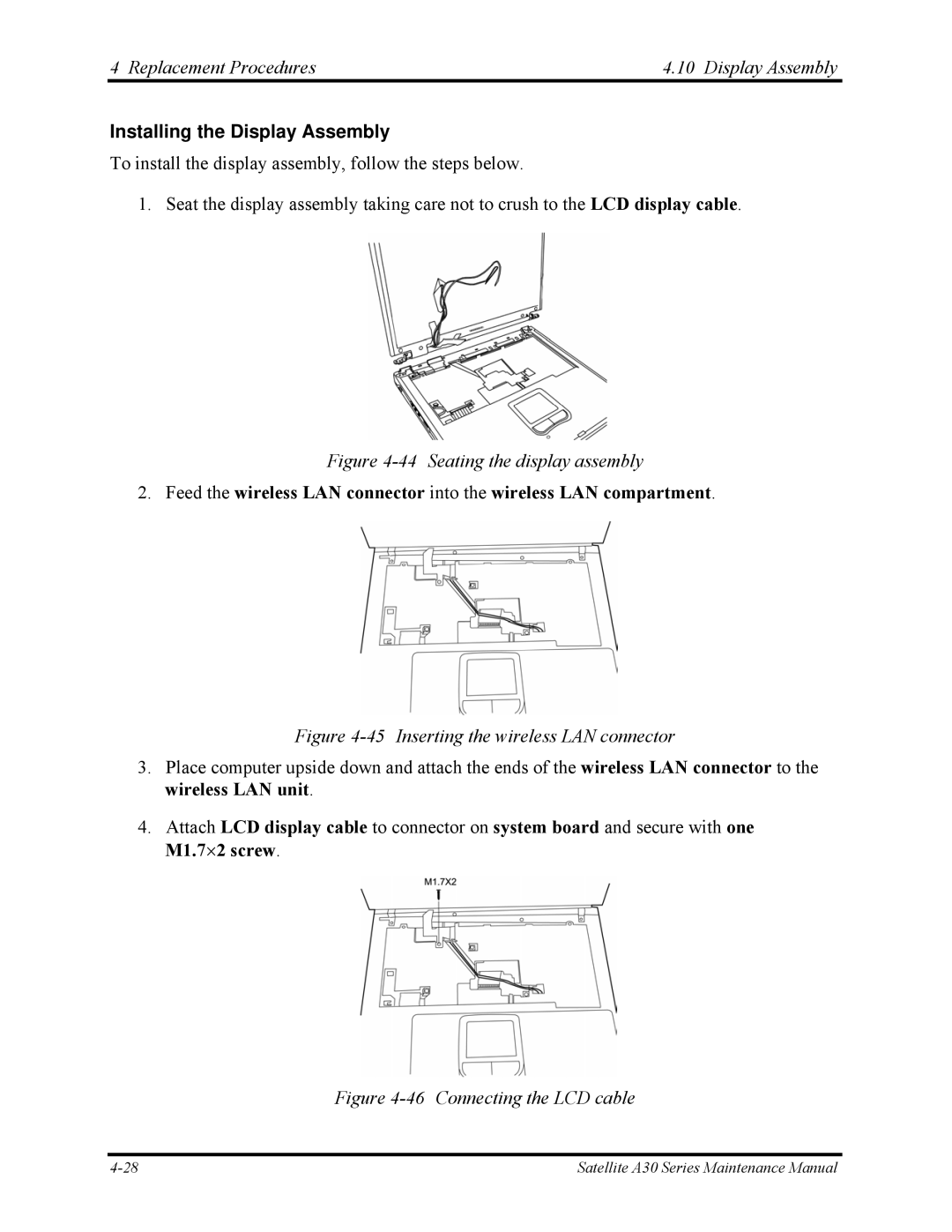 Toshiba Satellite A30 Series manual Installing the Display Assembly, Seating the display assembly 