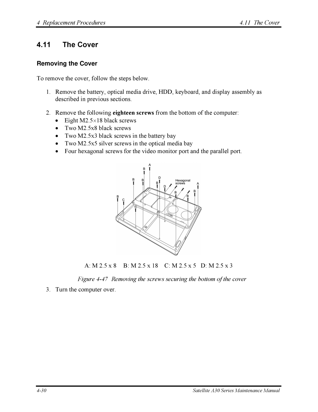 Toshiba Satellite A30 Series manual Replacement Procedures Cover, Removing the Cover 