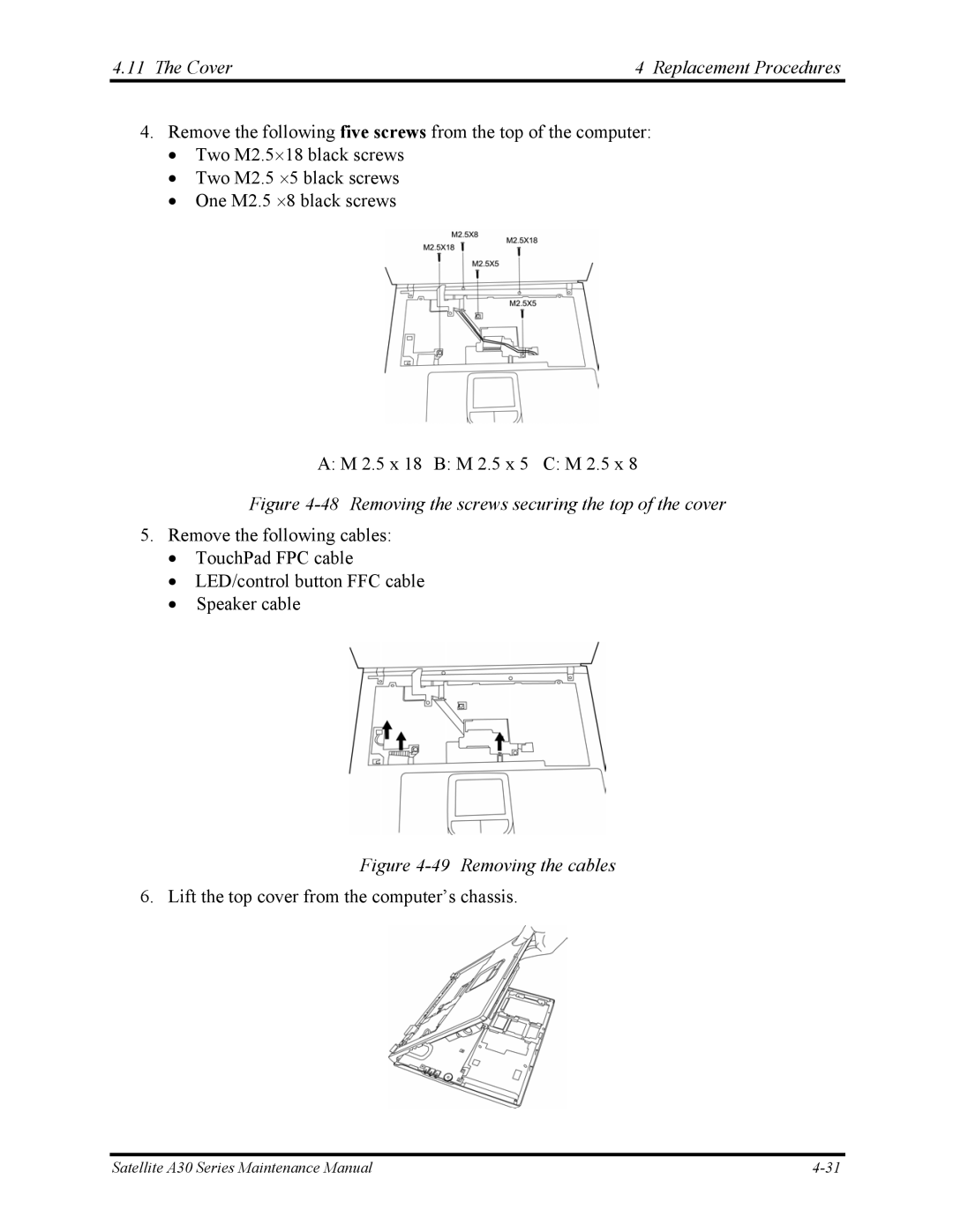 Toshiba Satellite A30 Series manual Cover Replacement Procedures, Removing the screws securing the top of the cover 