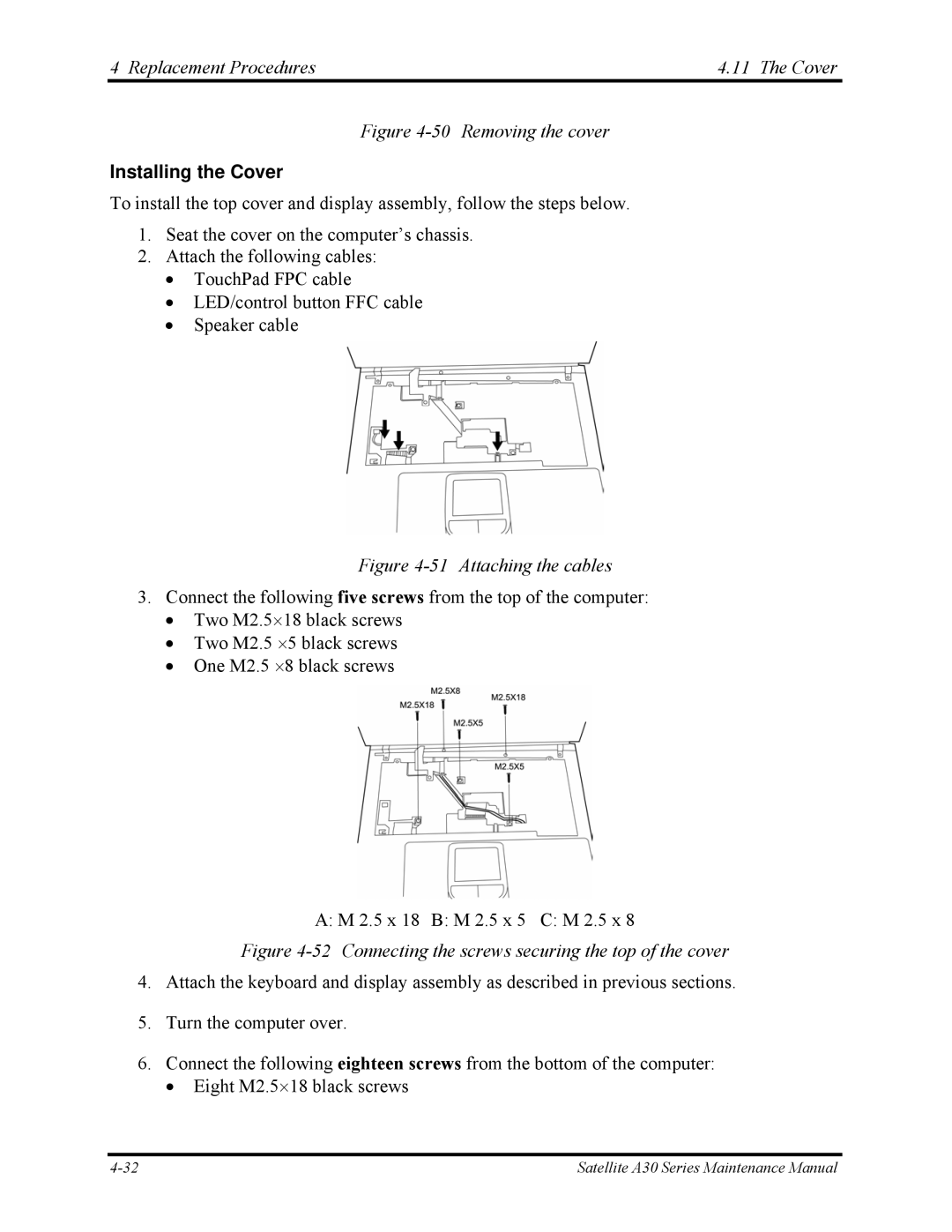 Toshiba Satellite A30 Series manual Removing the cover, Installing the Cover 