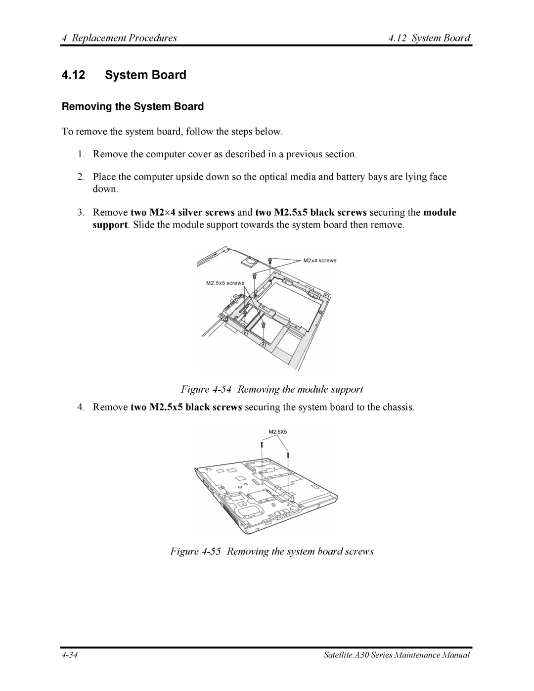 Toshiba Satellite A30 Series manual Replacement Procedures System Board, Removing the System Board 