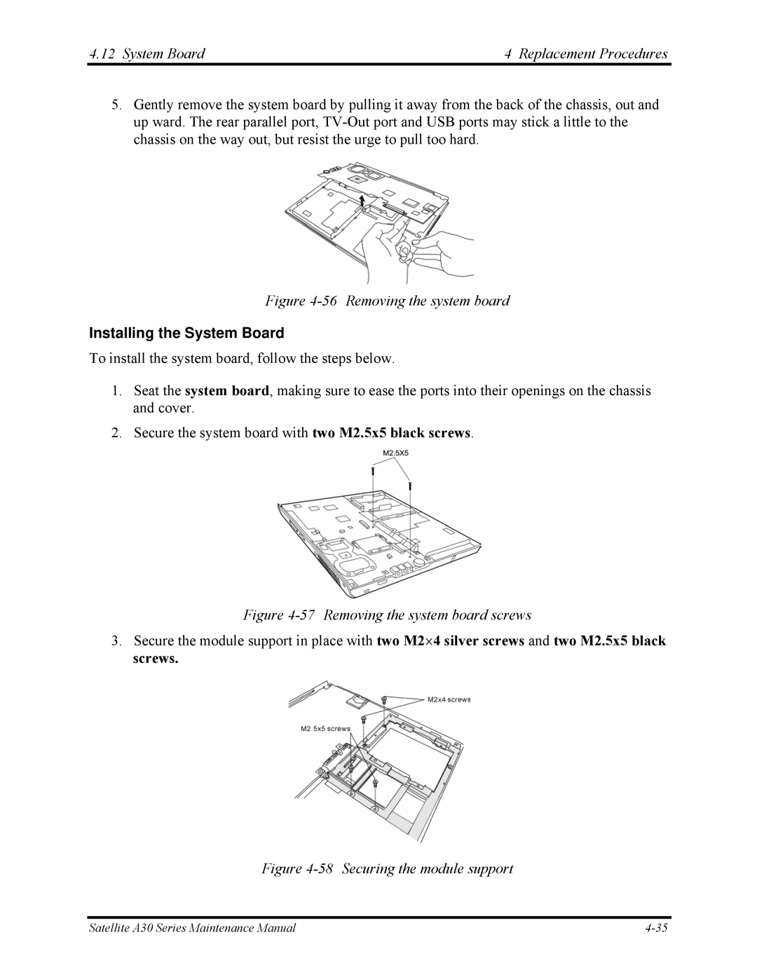 Toshiba Satellite A30 Series manual System Board Replacement Procedures, Installing the System Board 