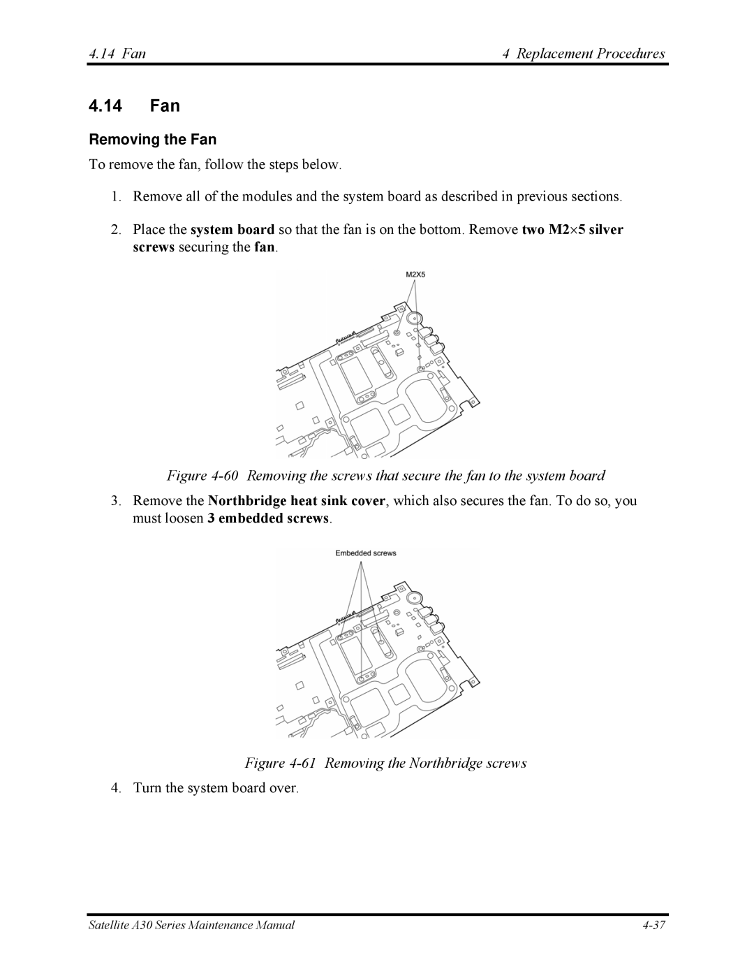 Toshiba Satellite A30 Series manual 14 Fan, Fan Replacement Procedures, Removing the Fan 