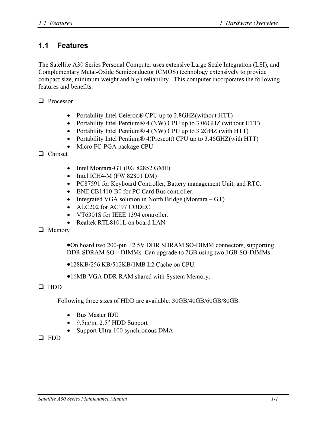 Toshiba Satellite A30 Series manual Features Hardware Overview 