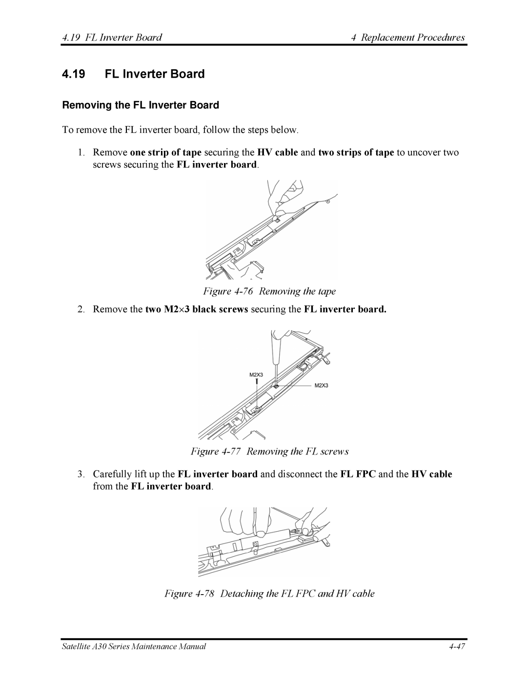 Toshiba Satellite A30 Series manual FL Inverter Board Replacement Procedures, Removing the FL Inverter Board 