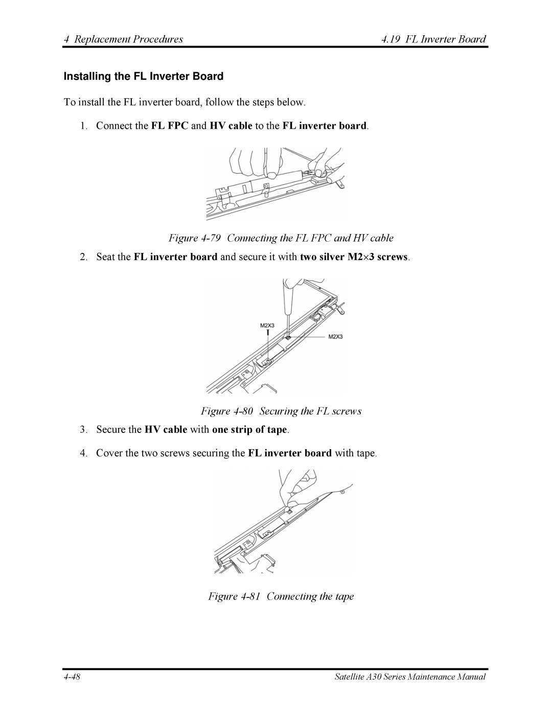 Toshiba Satellite A30 Series manual Replacement Procedures FL Inverter Board, Installing the FL Inverter Board 