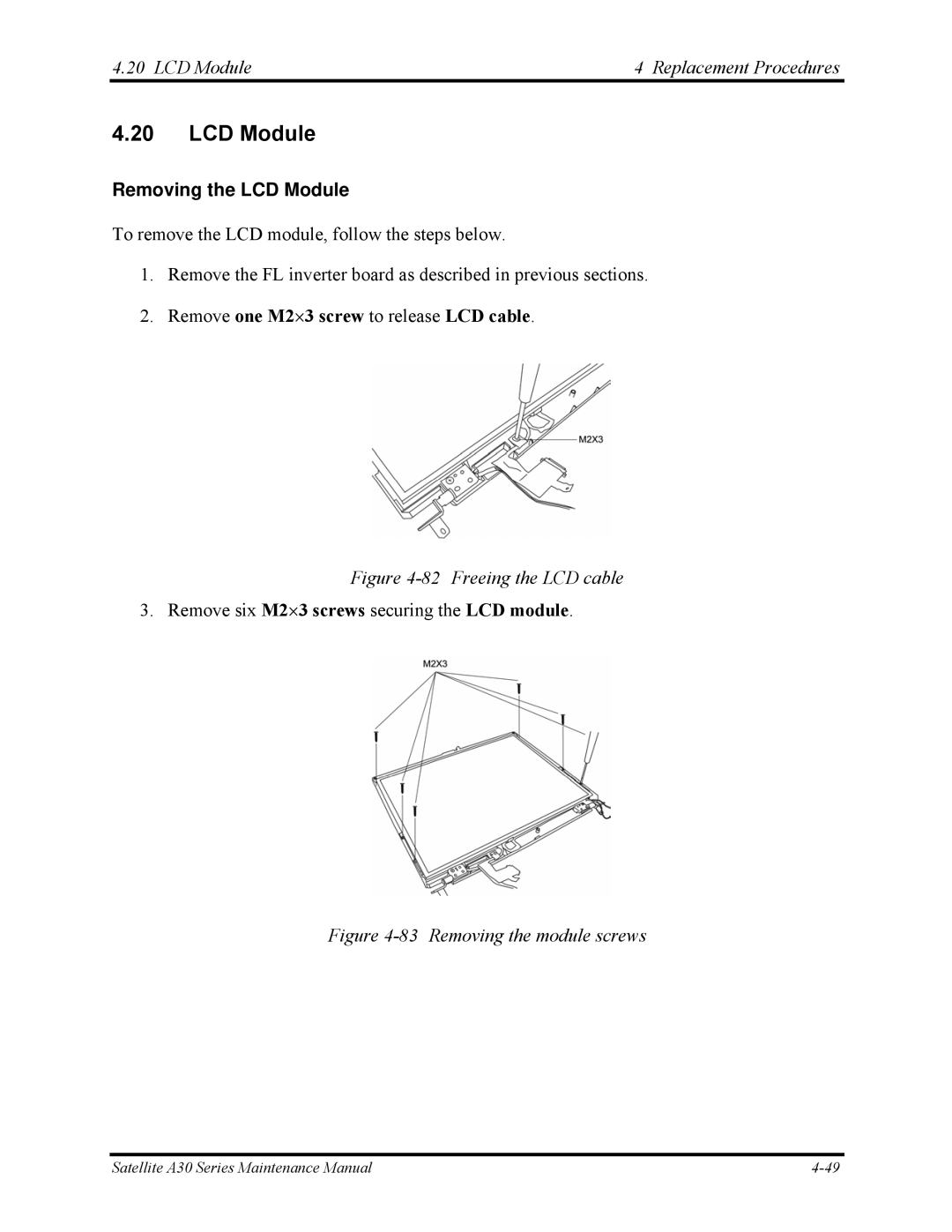 Toshiba Satellite A30 Series manual LCD Module Replacement Procedures, Removing the LCD Module 