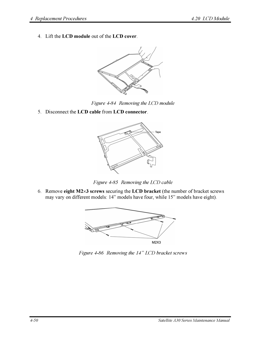 Toshiba Satellite A30 Series manual Removing the LCD module, Removing the LCD cable 